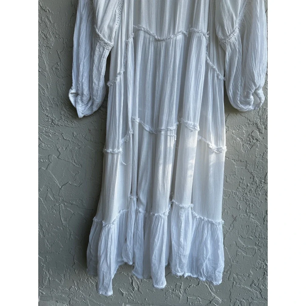 Free People White Tiered Midi Peasant Dress Boho Cottage Prairie Tassels Small